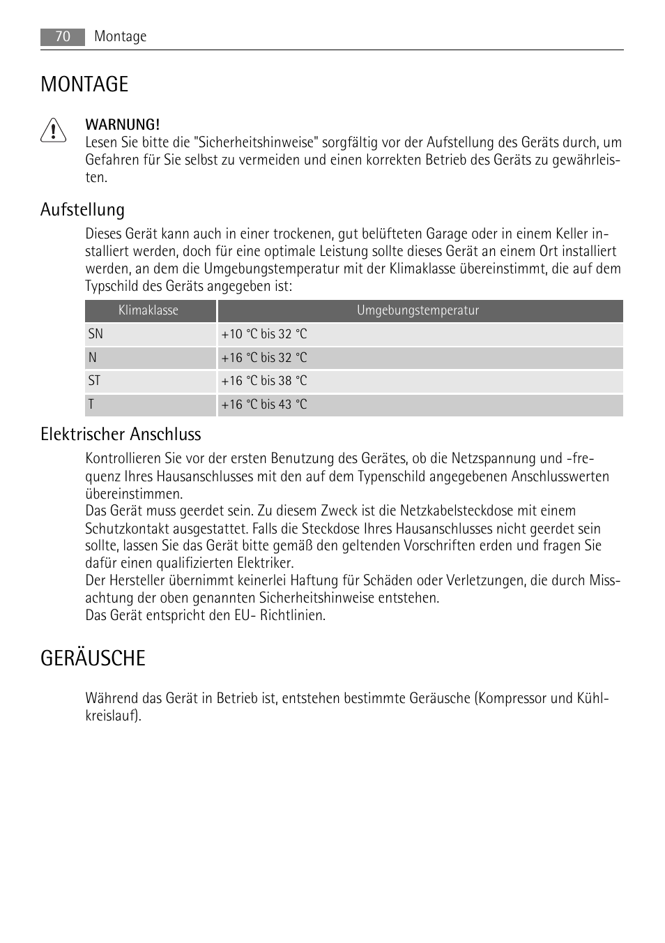Montage, Geräusche, Aufstellung | Elektrischer anschluss | AEG SKS68800F0 User Manual | Page 70 / 76