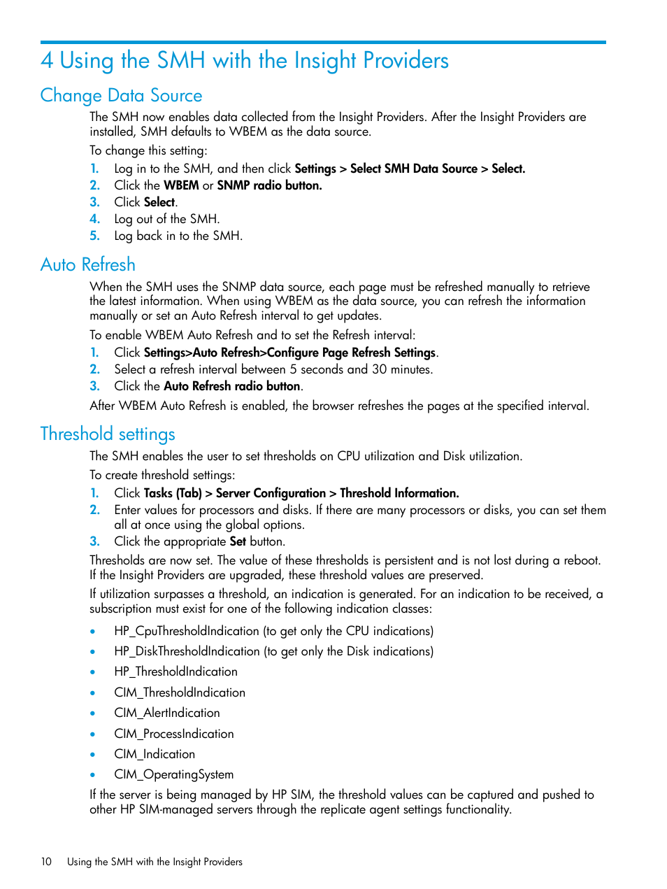 4 using the smh with the insight providers, Change data source, Auto refresh | Threshold settings, Change data source auto refresh threshold settings | HP Insight Management WBEM Providers User Manual | Page 10 / 33