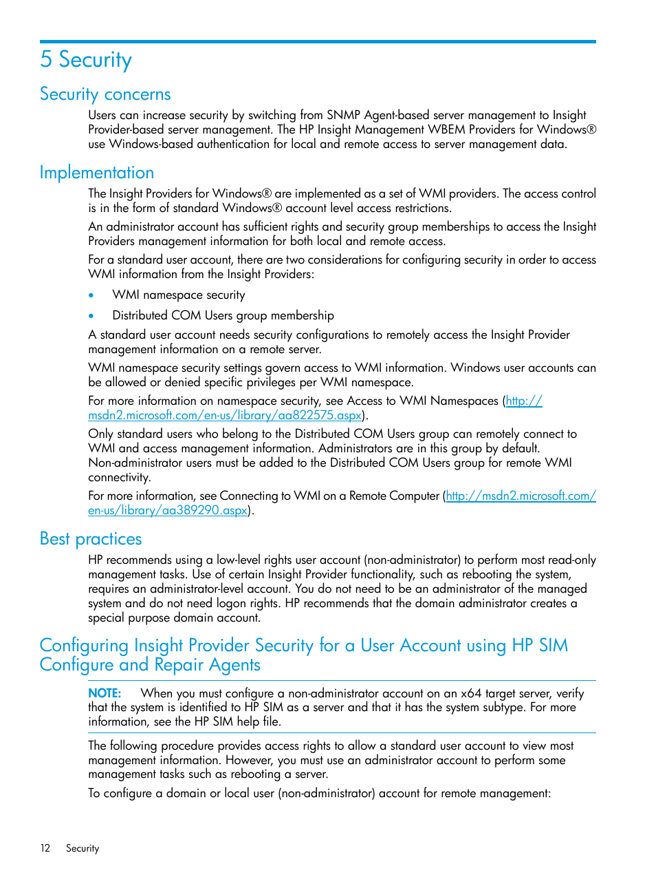 5 security, Security concerns, Implementation | Best practices | HP Insight Management WBEM Providers User Manual | Page 12 / 33