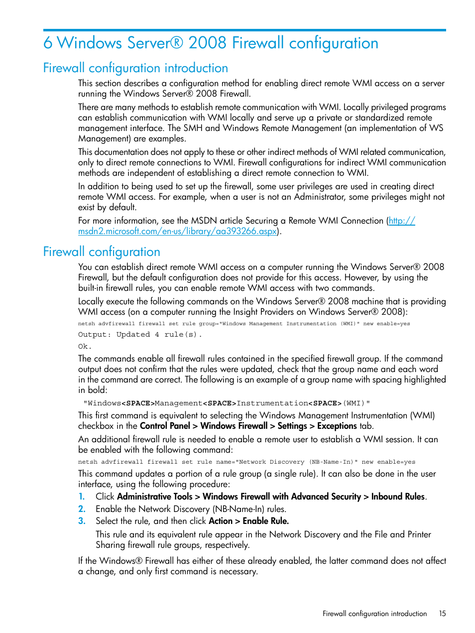 6 windows server® 2008 firewall configuration, Firewall configuration introduction, Firewall configuration | HP Insight Management WBEM Providers User Manual | Page 15 / 33