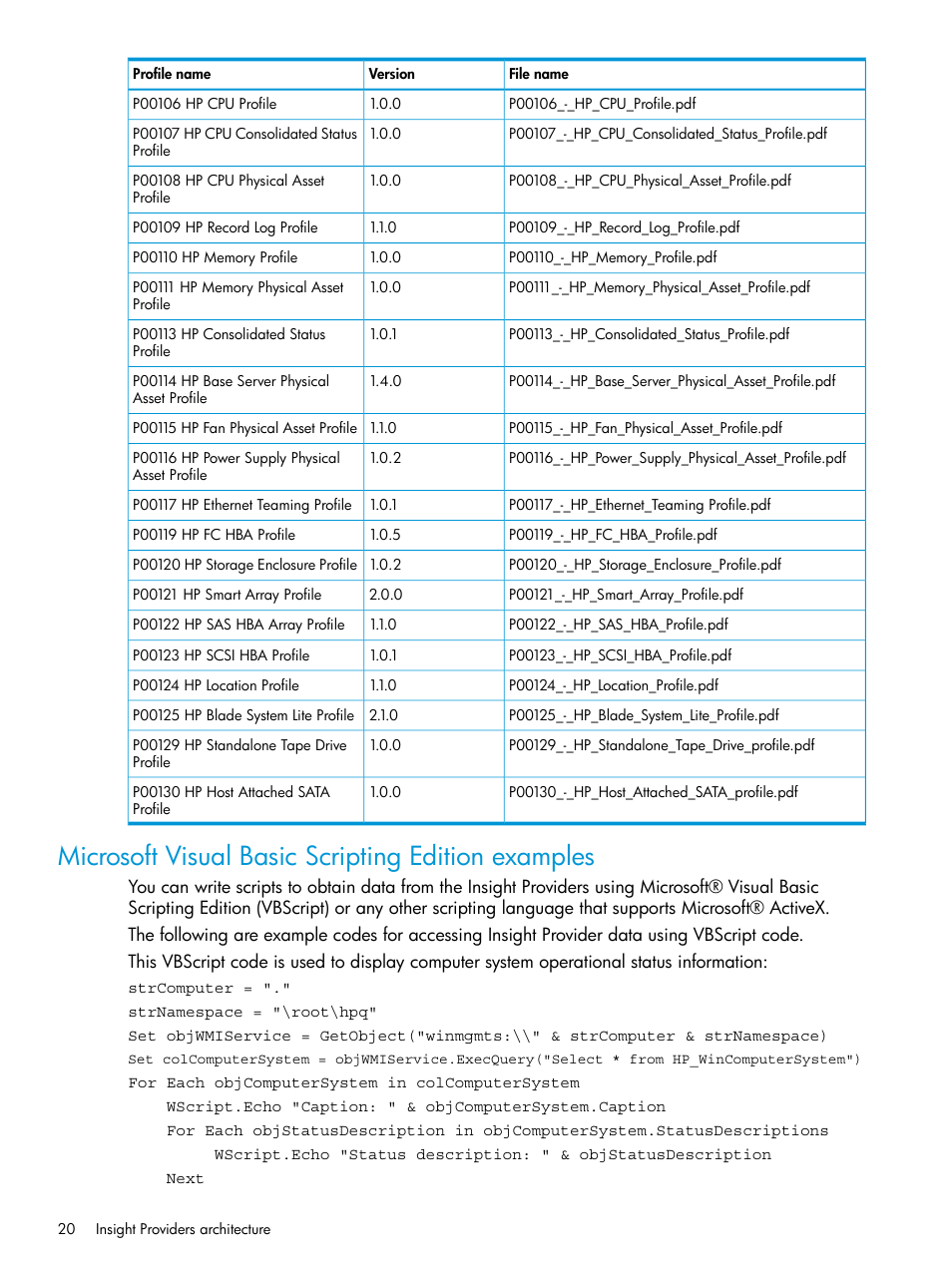 Microsoft visual basic scripting edition examples | HP Insight Management WBEM Providers User Manual | Page 20 / 33