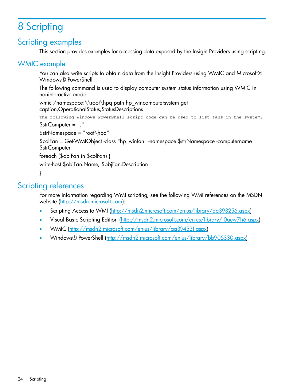 8 scripting, Scripting examples, Wmic example | Scripting references | HP Insight Management WBEM Providers User Manual | Page 24 / 33