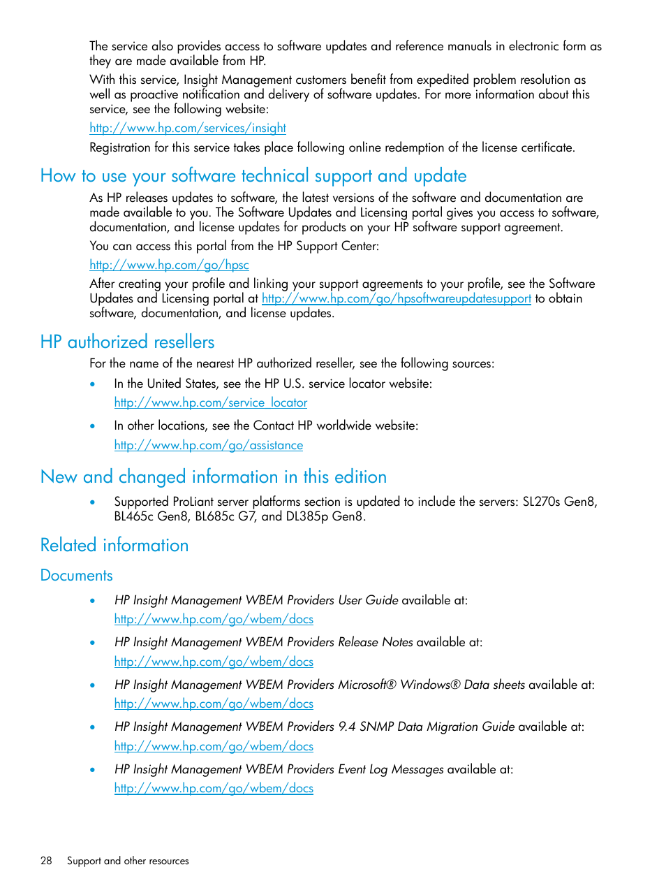 Hp authorized resellers, New and changed information in this edition, Related information | Documents | HP Insight Management WBEM Providers User Manual | Page 28 / 33