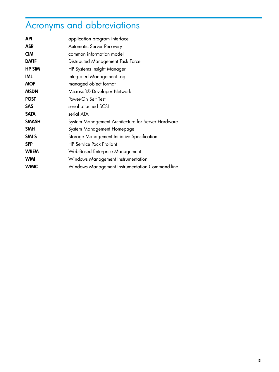 Acronyms and abbreviations | HP Insight Management WBEM Providers User Manual | Page 31 / 33