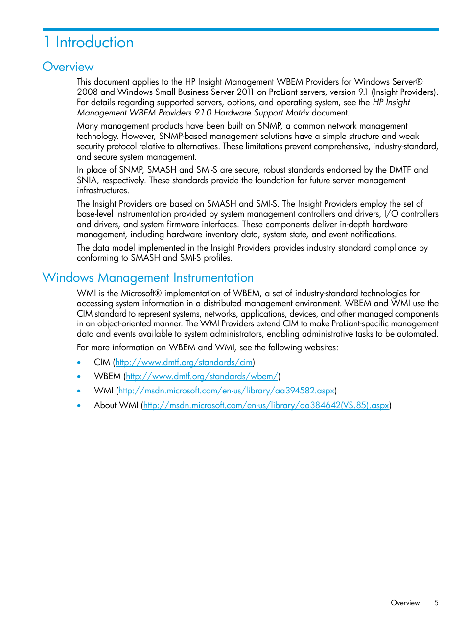 1 introduction, Overview, Windows management instrumentation | Overview windows management instrumentation | HP Insight Management WBEM Providers User Manual | Page 5 / 33