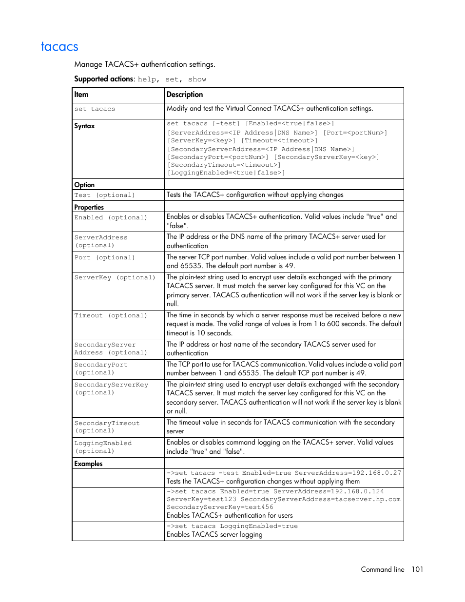 Tacacs | HP Virtual Connect 4Gb Fibre Channel Module for c-Class BladeSystem User Manual | Page 101 / 172