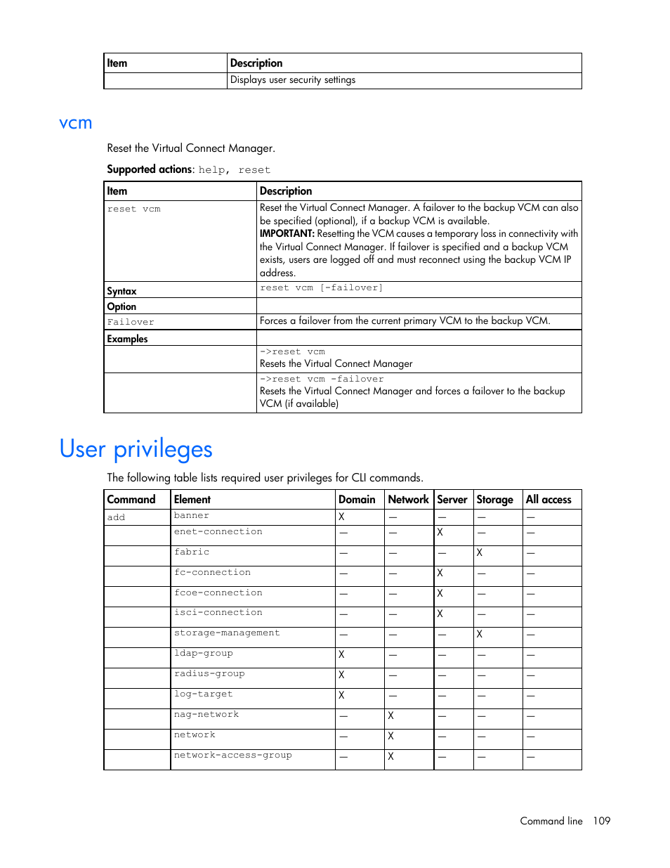 User privileges | HP Virtual Connect 4Gb Fibre Channel Module for c-Class BladeSystem User Manual | Page 109 / 172