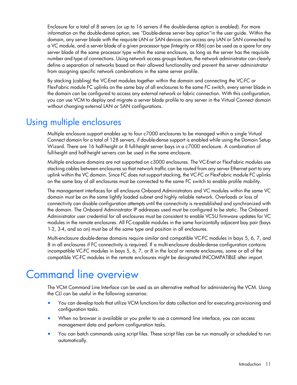 Using multiple enclosures, Command line overview | HP Virtual Connect 4Gb Fibre Channel Module for c-Class BladeSystem User Manual | Page 11 / 172