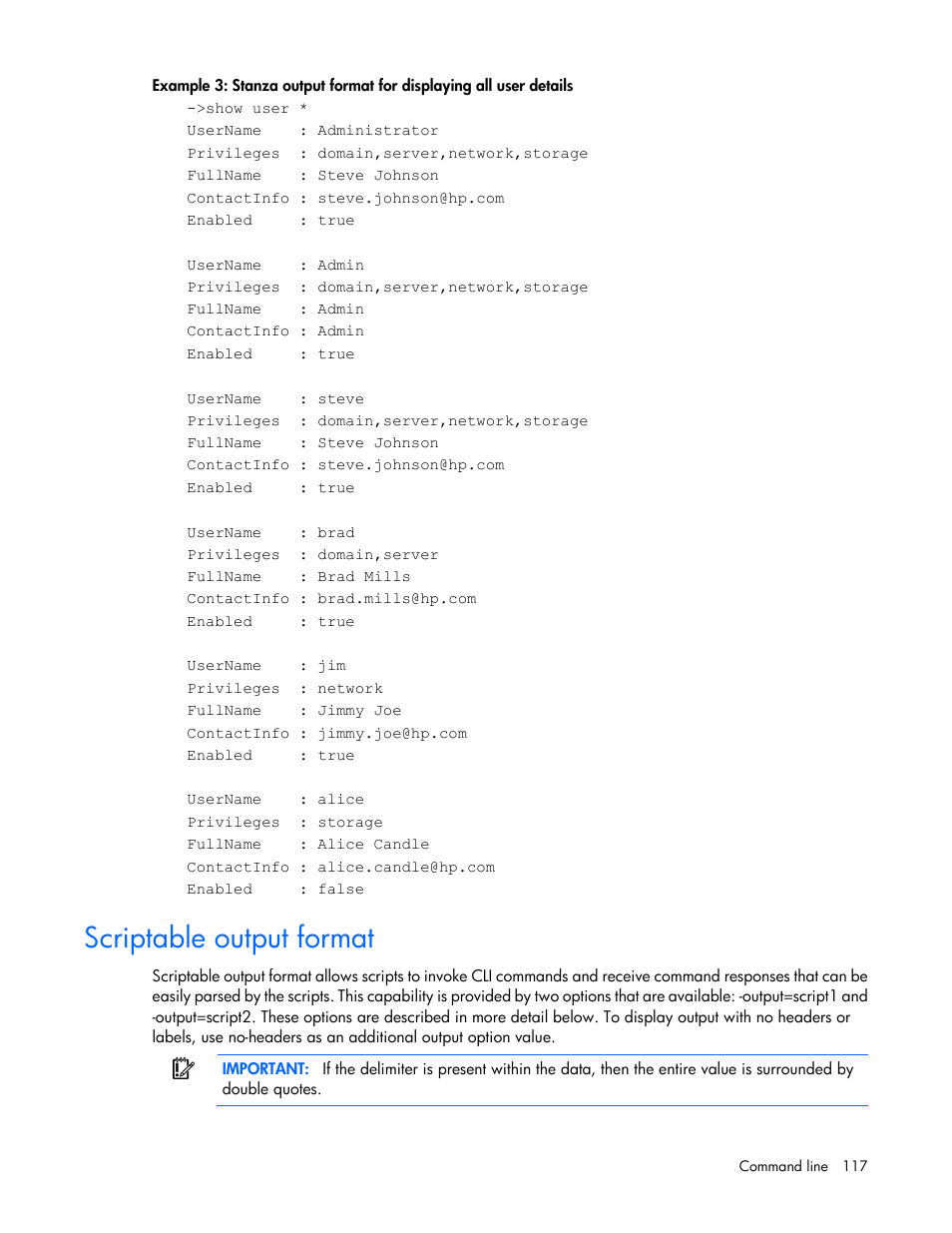Scriptable output format | HP Virtual Connect 4Gb Fibre Channel Module for c-Class BladeSystem User Manual | Page 117 / 172