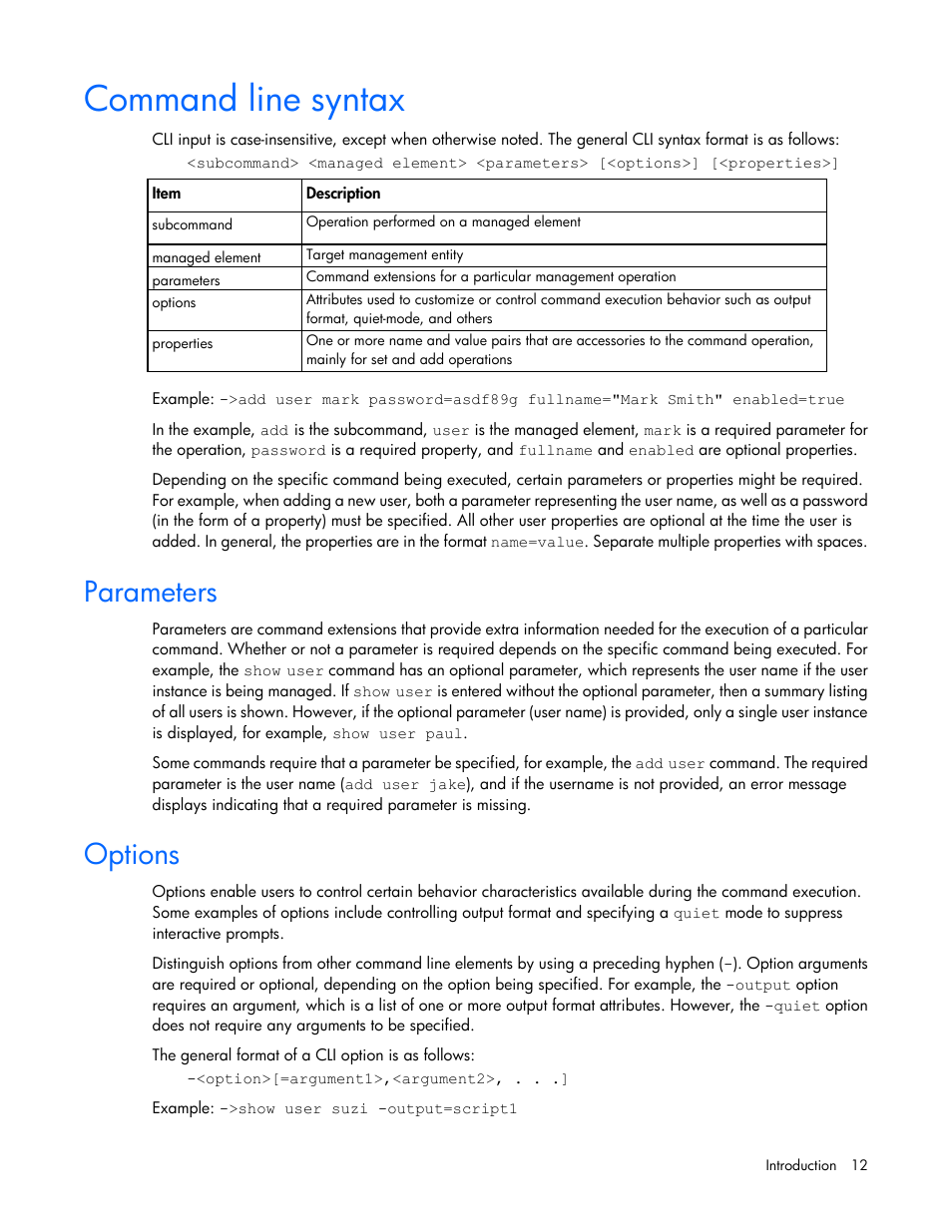 Command line syntax, Parameters, Options | HP Virtual Connect 4Gb Fibre Channel Module for c-Class BladeSystem User Manual | Page 12 / 172