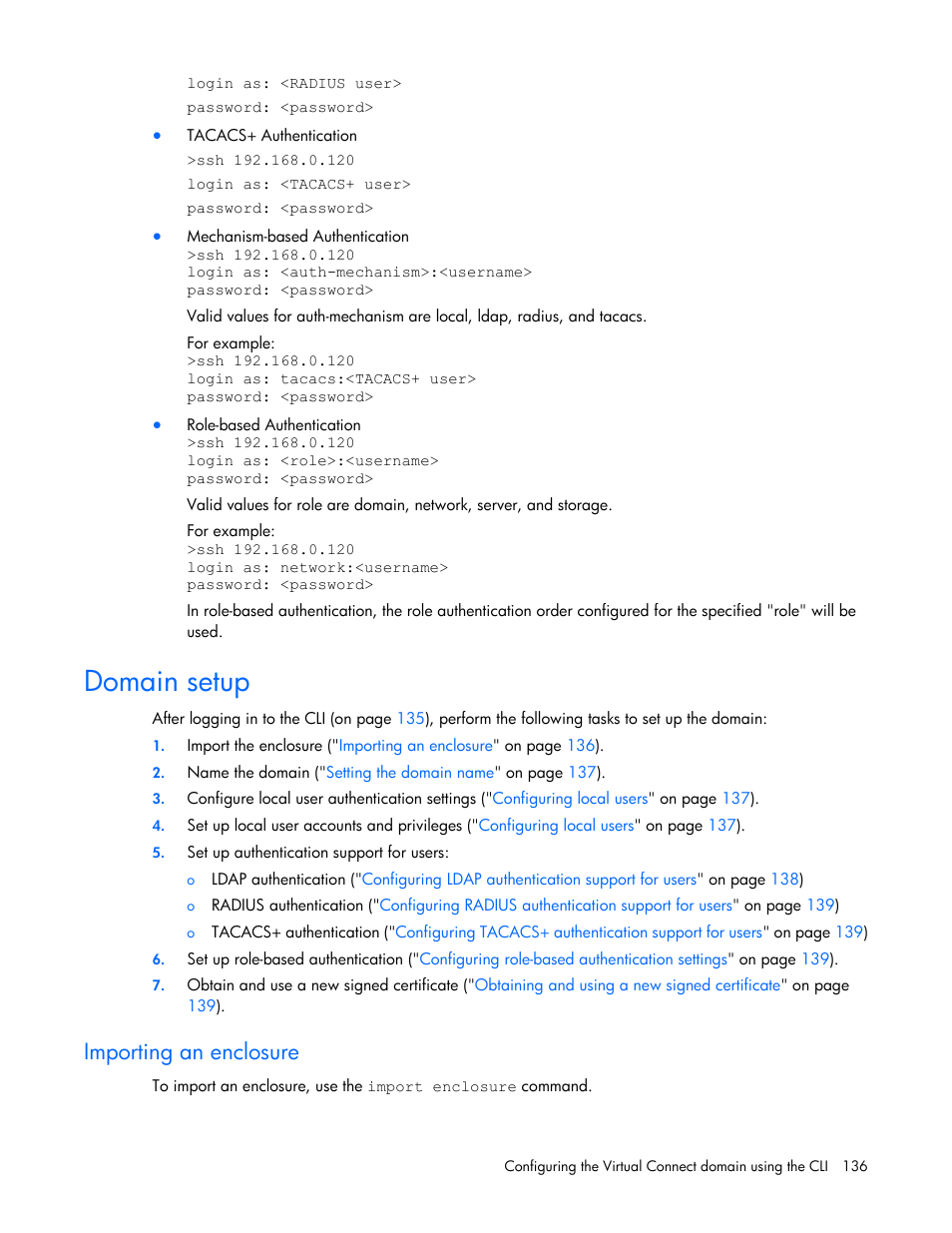 Domain setup, Importing an enclosure | HP Virtual Connect 4Gb Fibre Channel Module for c-Class BladeSystem User Manual | Page 136 / 172