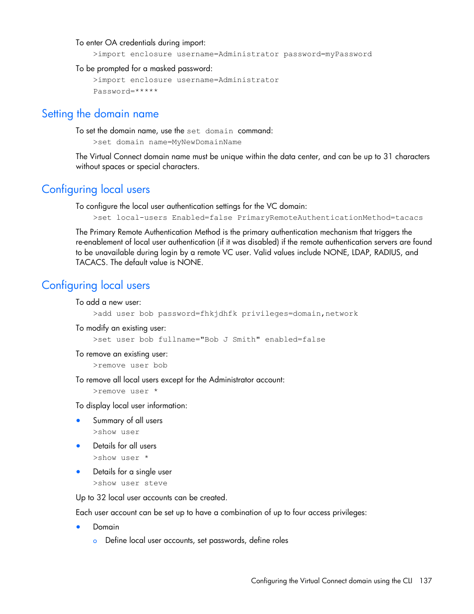 Setting the domain name, Configuring local users | HP Virtual Connect 4Gb Fibre Channel Module for c-Class BladeSystem User Manual | Page 137 / 172