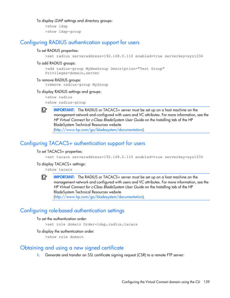 Configuring role-based authentication settings, Obtaining and using a new signed certificate | HP Virtual Connect 4Gb Fibre Channel Module for c-Class BladeSystem User Manual | Page 139 / 172