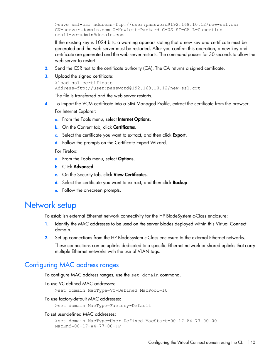 Network setup, Configuring mac address ranges | HP Virtual Connect 4Gb Fibre Channel Module for c-Class BladeSystem User Manual | Page 140 / 172