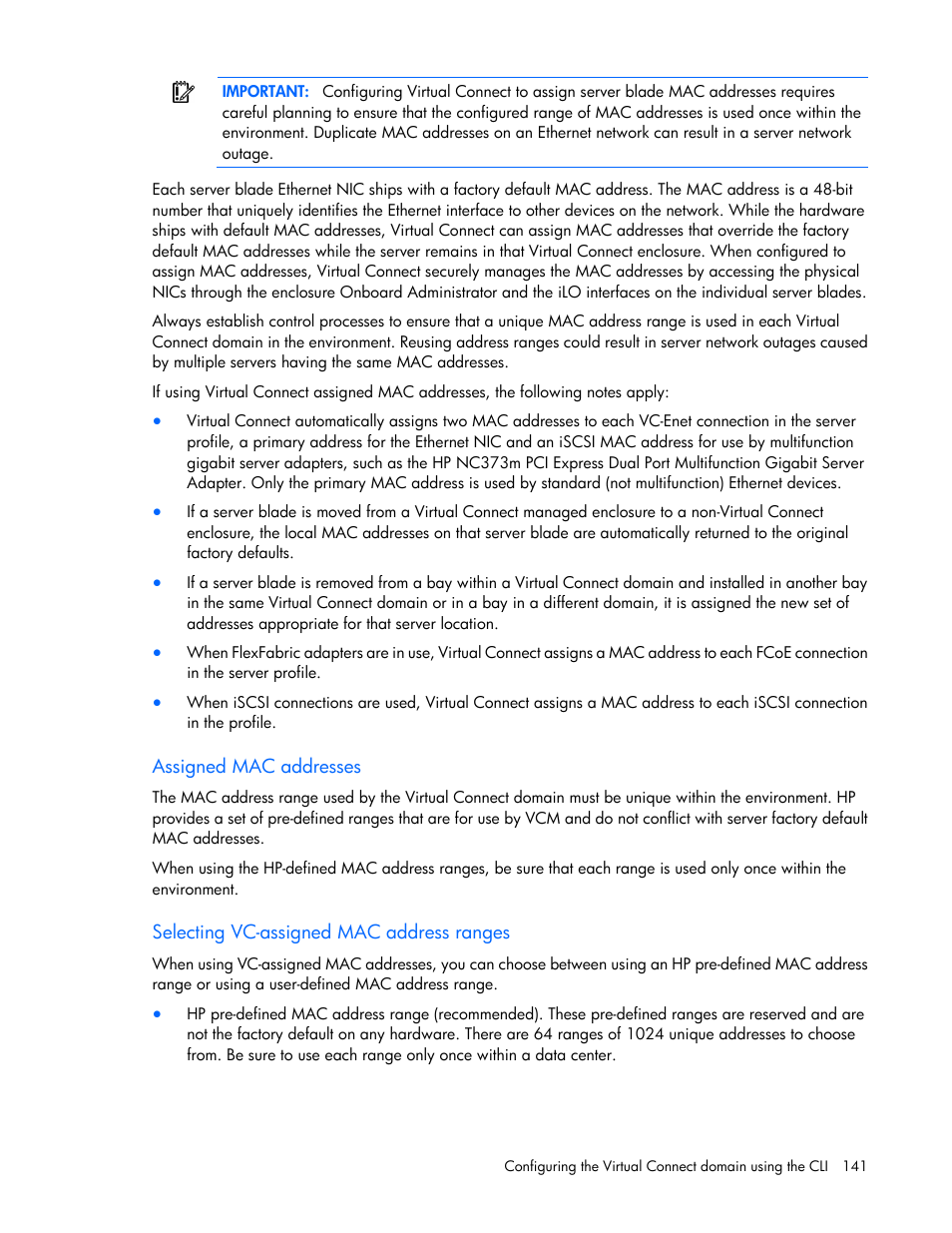 Assigned mac addresses, Selecting vc-assigned mac address ranges | HP Virtual Connect 4Gb Fibre Channel Module for c-Class BladeSystem User Manual | Page 141 / 172
