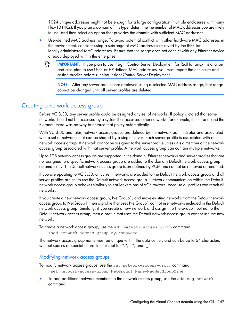 Creating a network access group, Modifying network access groups | HP Virtual Connect 4Gb Fibre Channel Module for c-Class BladeSystem User Manual | Page 142 / 172