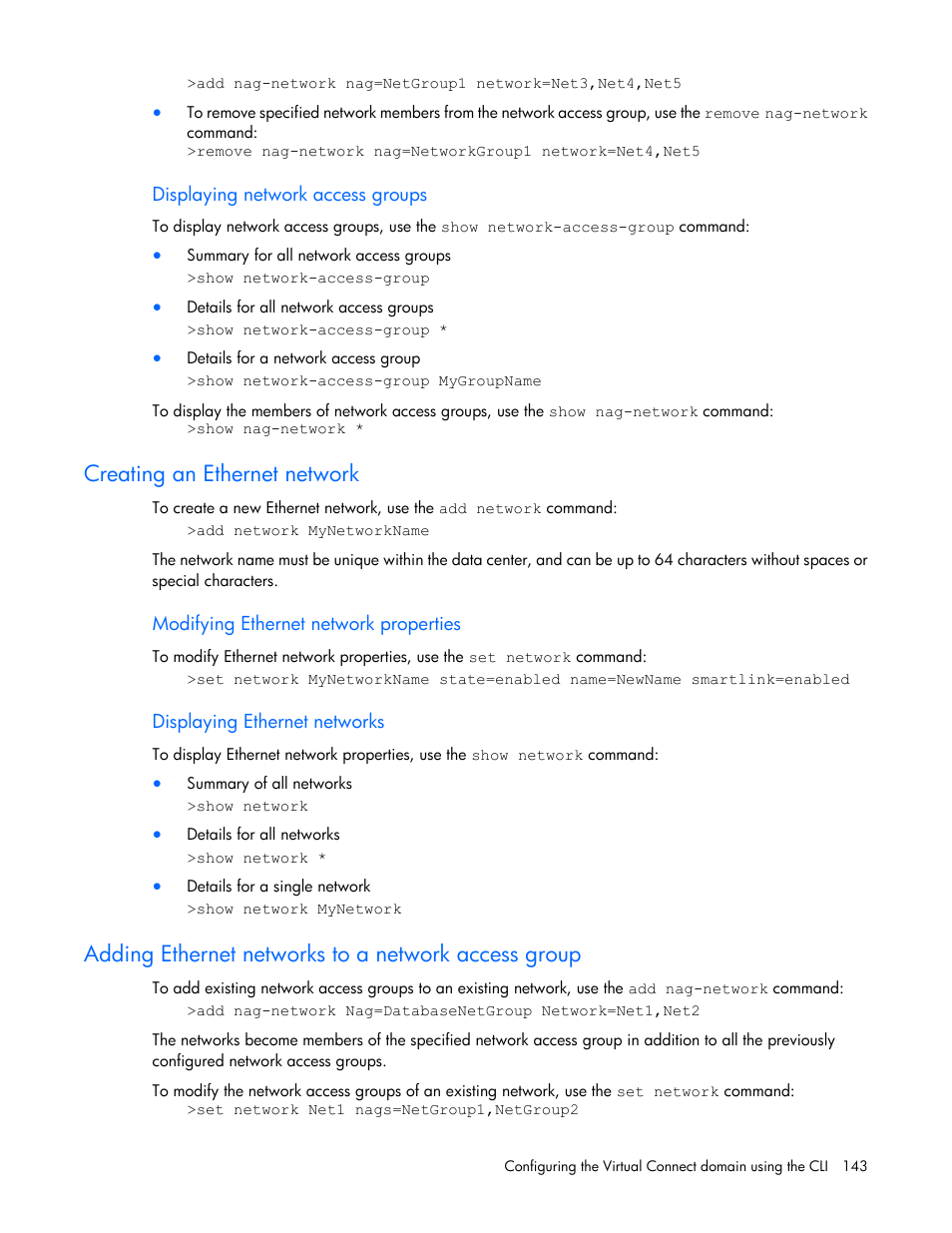 Displaying network access groups, Creating an ethernet network, Modifying ethernet network properties | Displaying ethernet networks, Adding ethernet networks to a network access group | HP Virtual Connect 4Gb Fibre Channel Module for c-Class BladeSystem User Manual | Page 143 / 172