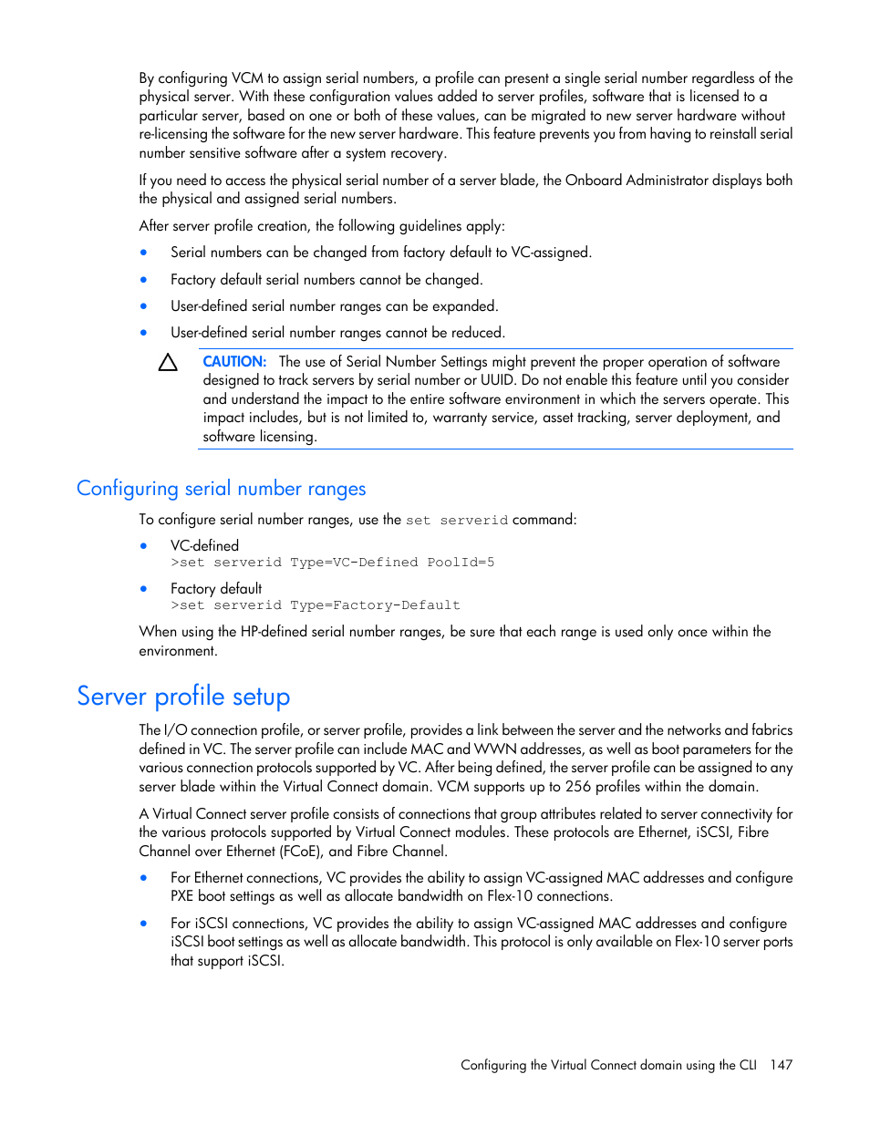 Configuring serial number ranges, Server profile setup | HP Virtual Connect 4Gb Fibre Channel Module for c-Class BladeSystem User Manual | Page 147 / 172