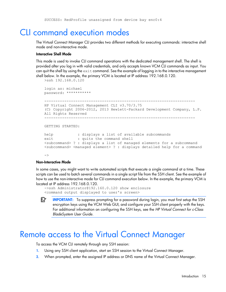 Cli command execution modes, Remote access to the virtual connect manager | HP Virtual Connect 4Gb Fibre Channel Module for c-Class BladeSystem User Manual | Page 15 / 172