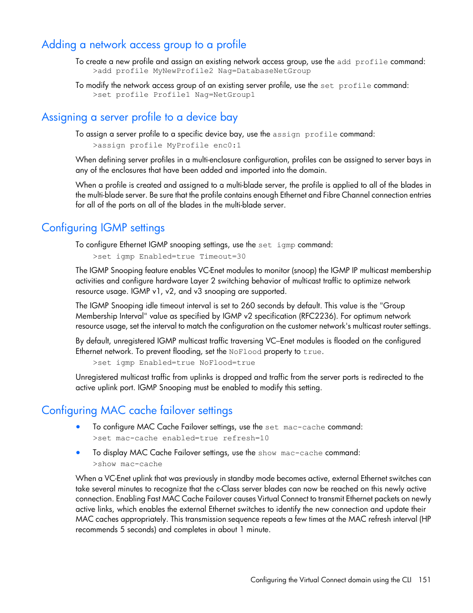 Adding a network access group to a profile, Assigning a server profile to a device bay, Configuring igmp settings | Configuring mac cache failover settings | HP Virtual Connect 4Gb Fibre Channel Module for c-Class BladeSystem User Manual | Page 151 / 172