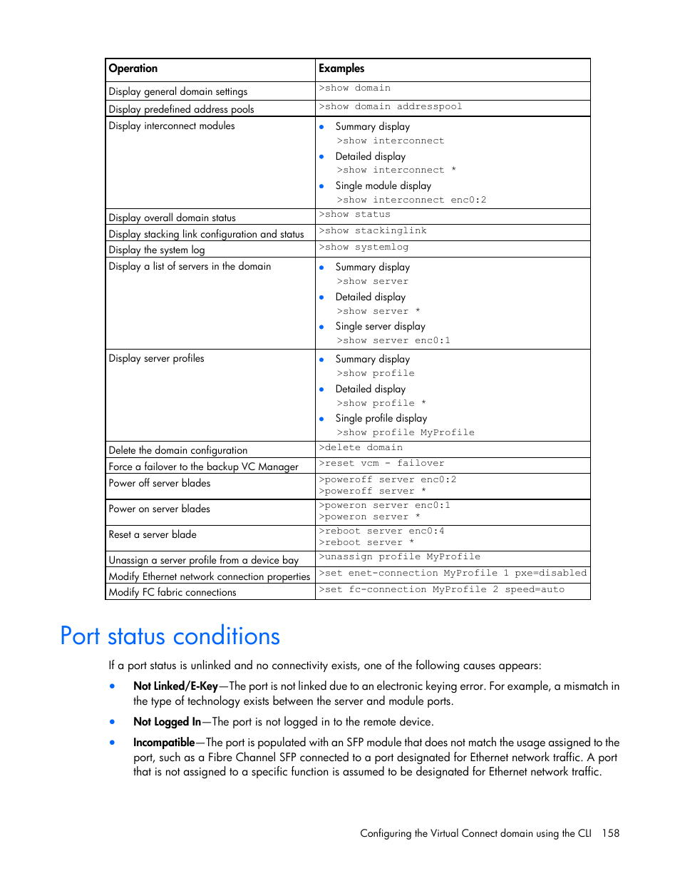 Port status conditions | HP Virtual Connect 4Gb Fibre Channel Module for c-Class BladeSystem User Manual | Page 158 / 172