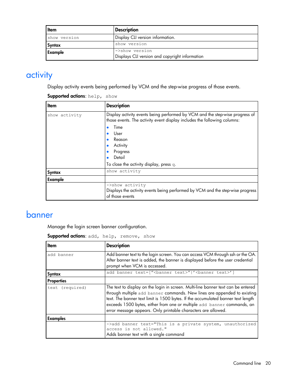 Activity, Banner | HP Virtual Connect 4Gb Fibre Channel Module for c-Class BladeSystem User Manual | Page 20 / 172