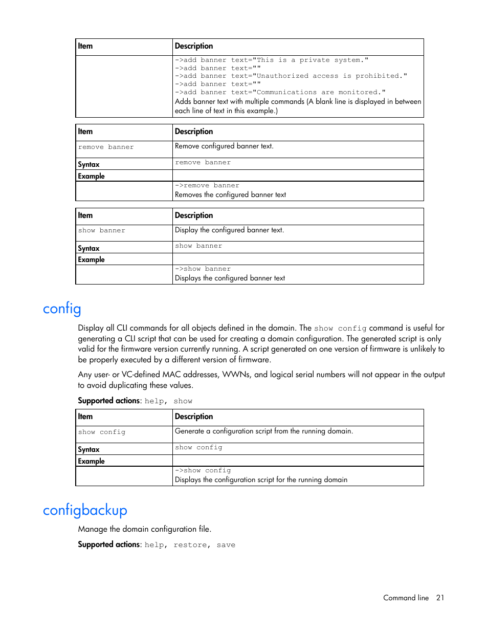 Config, Configbackup | HP Virtual Connect 4Gb Fibre Channel Module for c-Class BladeSystem User Manual | Page 21 / 172