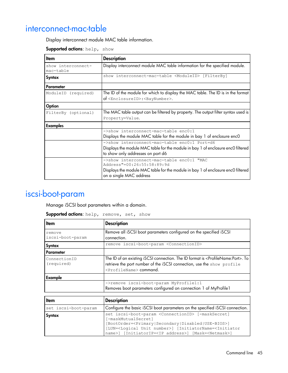 Interconnect-mac-table, Iscsi-boot-param | HP Virtual Connect 4Gb Fibre Channel Module for c-Class BladeSystem User Manual | Page 45 / 172