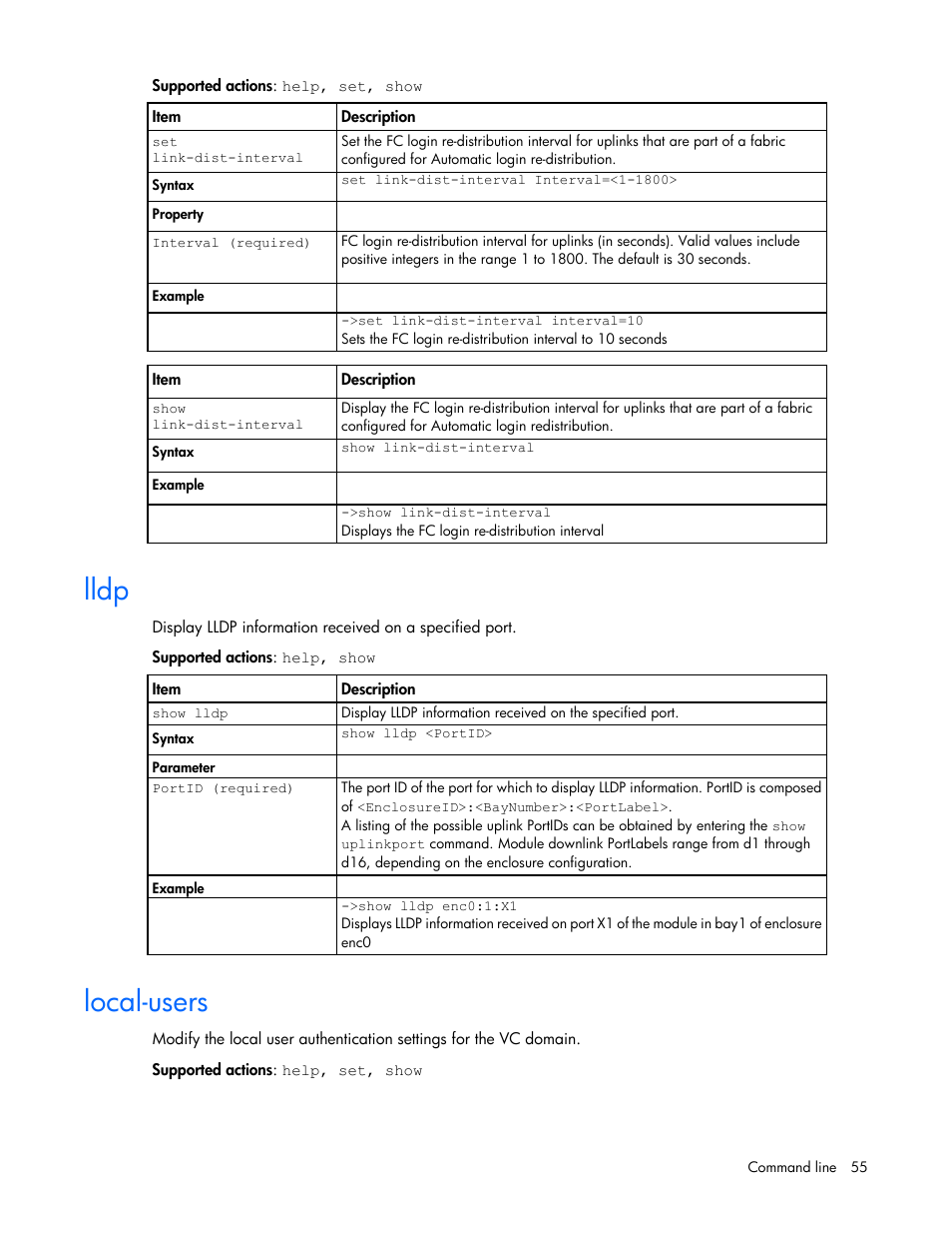 Lldp, Local-users | HP Virtual Connect 4Gb Fibre Channel Module for c-Class BladeSystem User Manual | Page 55 / 172