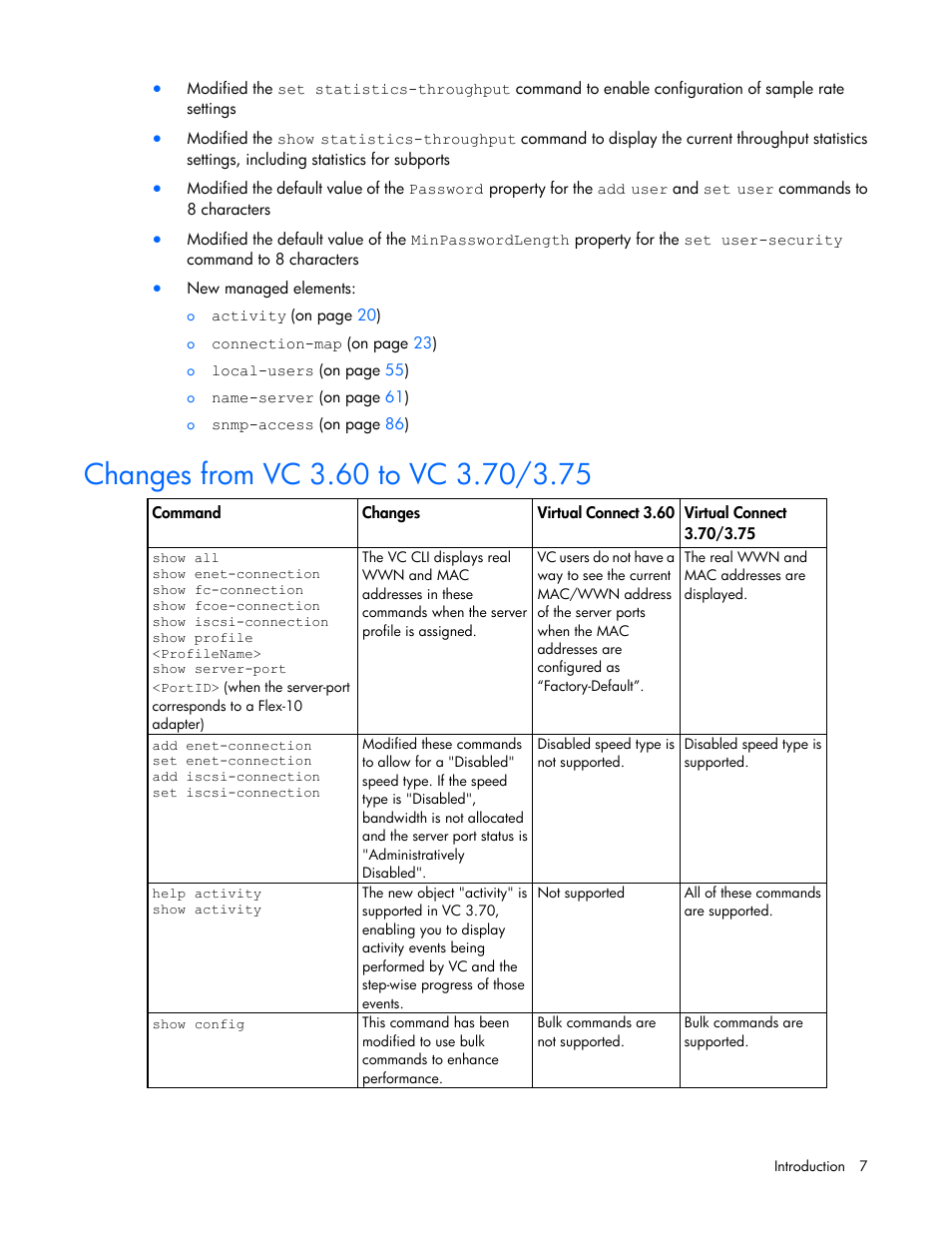 Changes from vc 3.60 to vc 3.70/3.75 | HP Virtual Connect 4Gb Fibre Channel Module for c-Class BladeSystem User Manual | Page 7 / 172