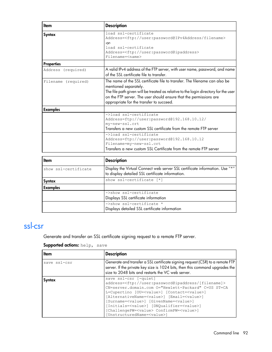 Ssl-csr | HP Virtual Connect 4Gb Fibre Channel Module for c-Class BladeSystem User Manual | Page 92 / 172
