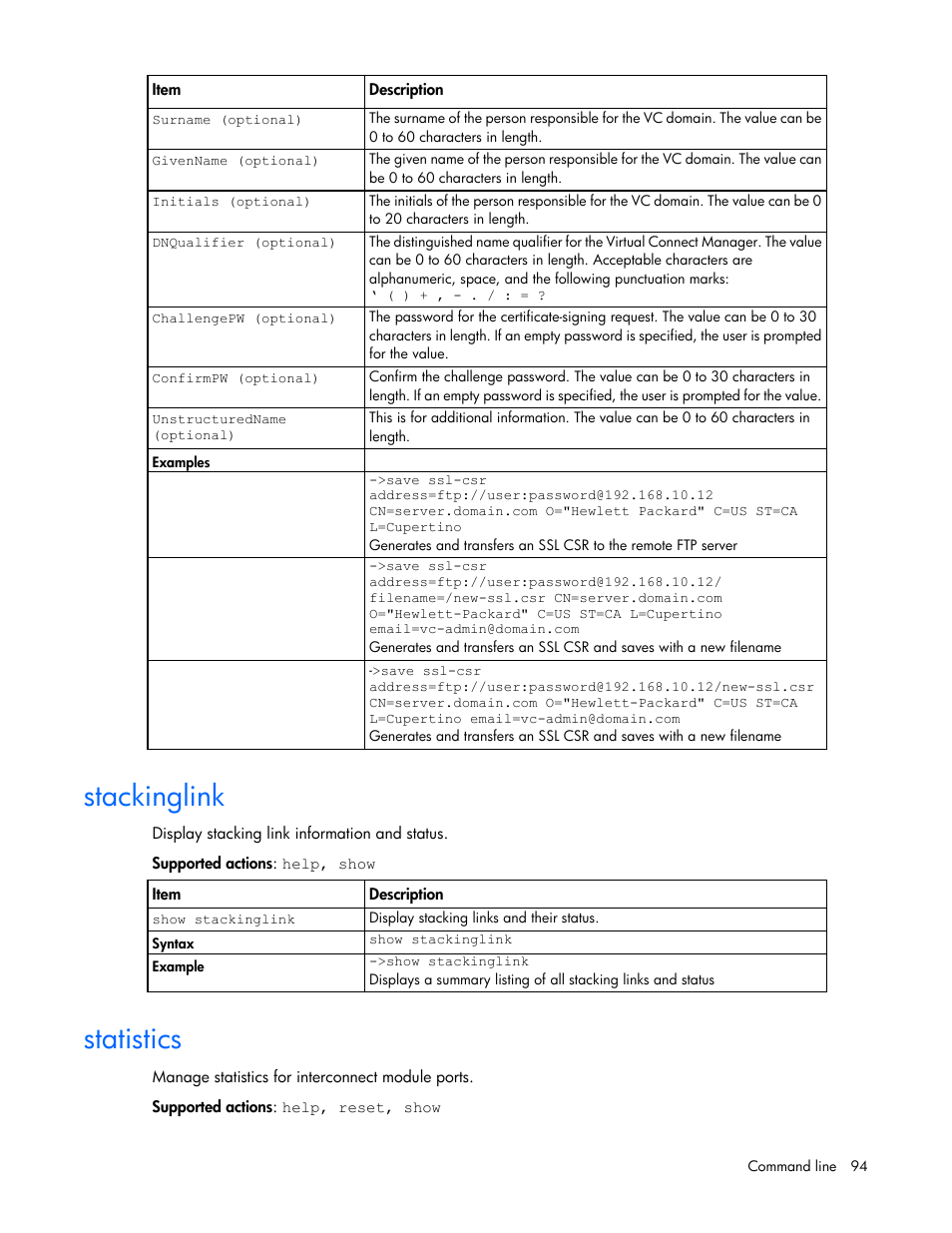 Stackinglink, Statistics | HP Virtual Connect 4Gb Fibre Channel Module for c-Class BladeSystem User Manual | Page 94 / 172