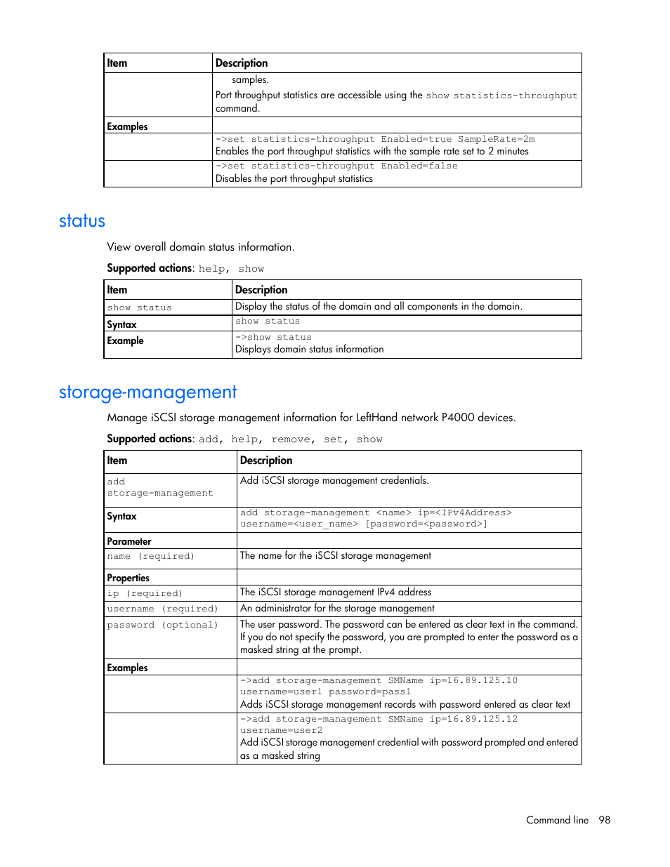 Status, Storage-management | HP Virtual Connect 4Gb Fibre Channel Module for c-Class BladeSystem User Manual | Page 98 / 172