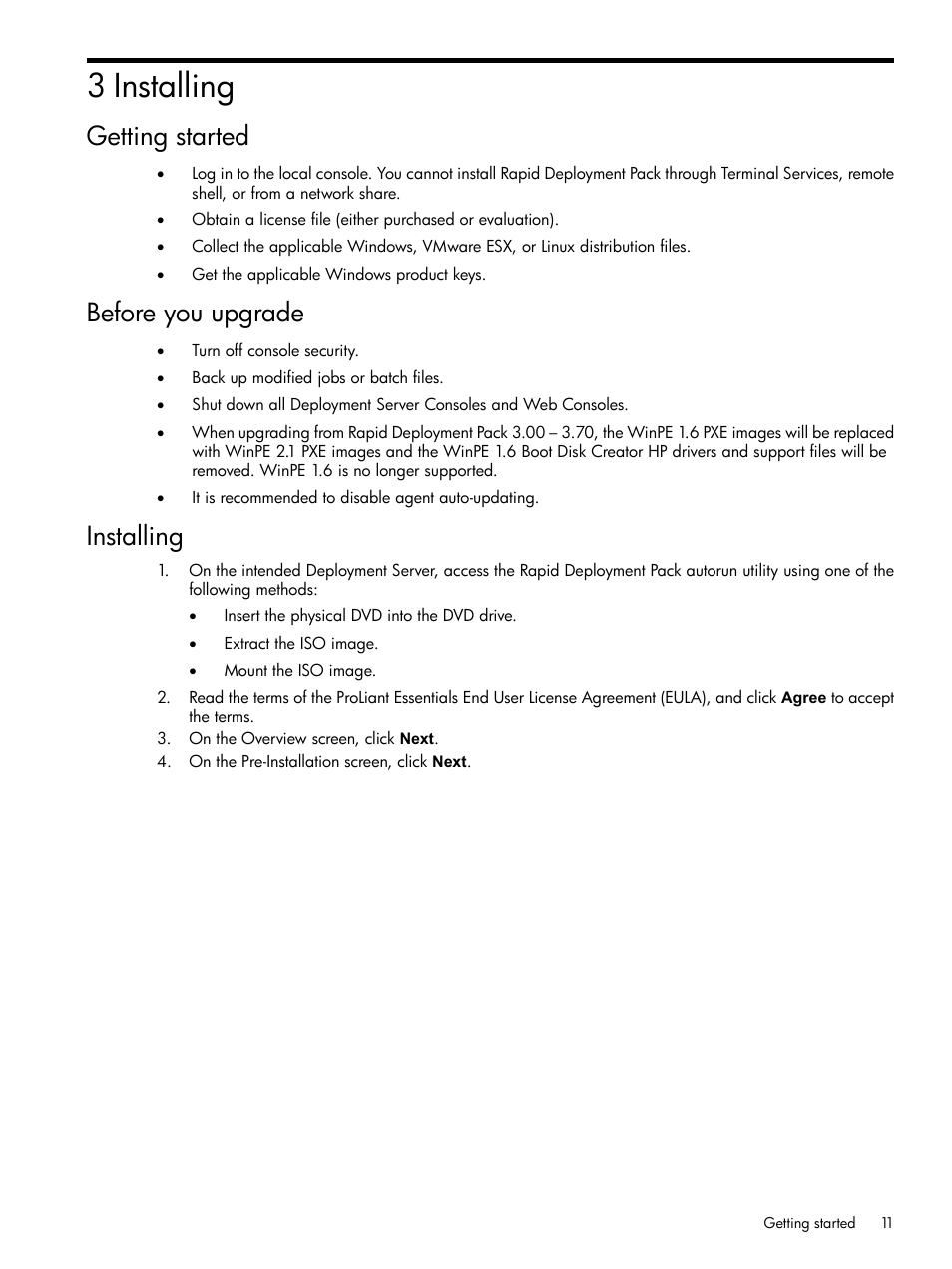 3 installing, Getting started, Before you upgrade | Installing, Getting started before you upgrade installing | HP Integrity rx3600 Server User Manual | Page 11 / 39