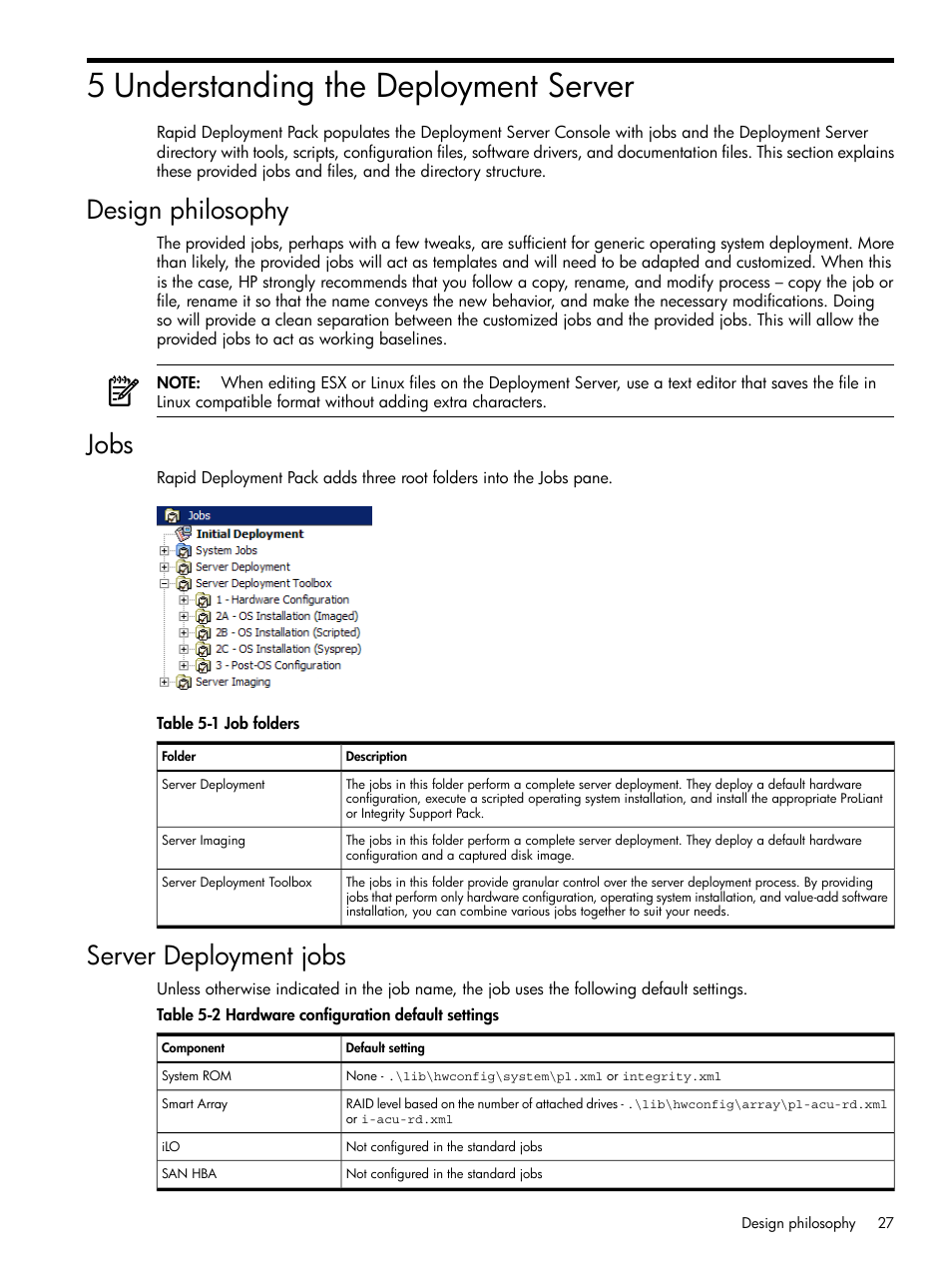 5 understanding the deployment server, Design philosophy, Jobs | Server deployment jobs, Design philosophy jobs server deployment jobs, Job folders, Hardware configuration default settings | HP Integrity rx3600 Server User Manual | Page 27 / 39