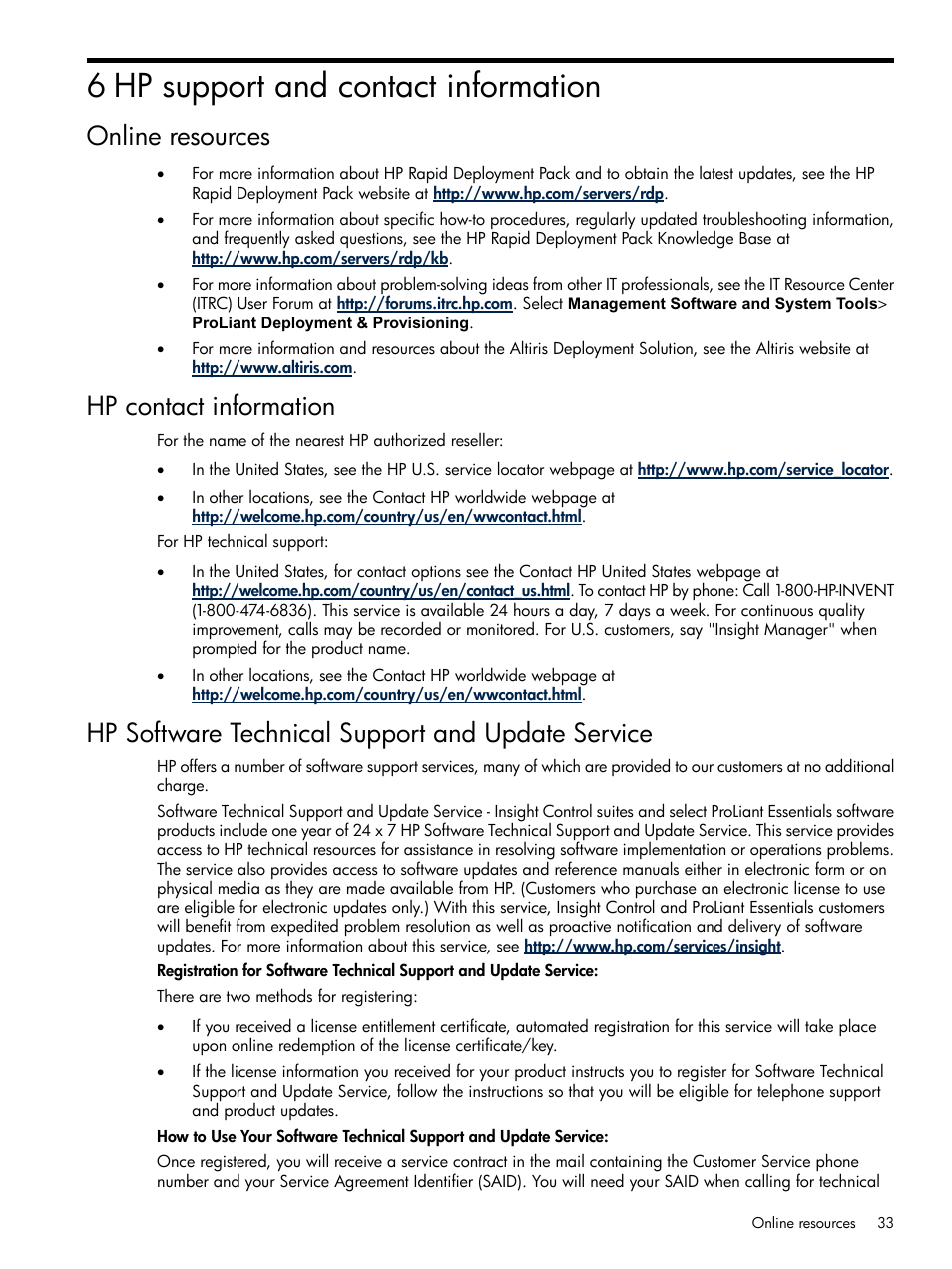 6 hp support and contact information, Online resources, Hp contact information | Hp software technical support and update service | HP Integrity rx3600 Server User Manual | Page 33 / 39