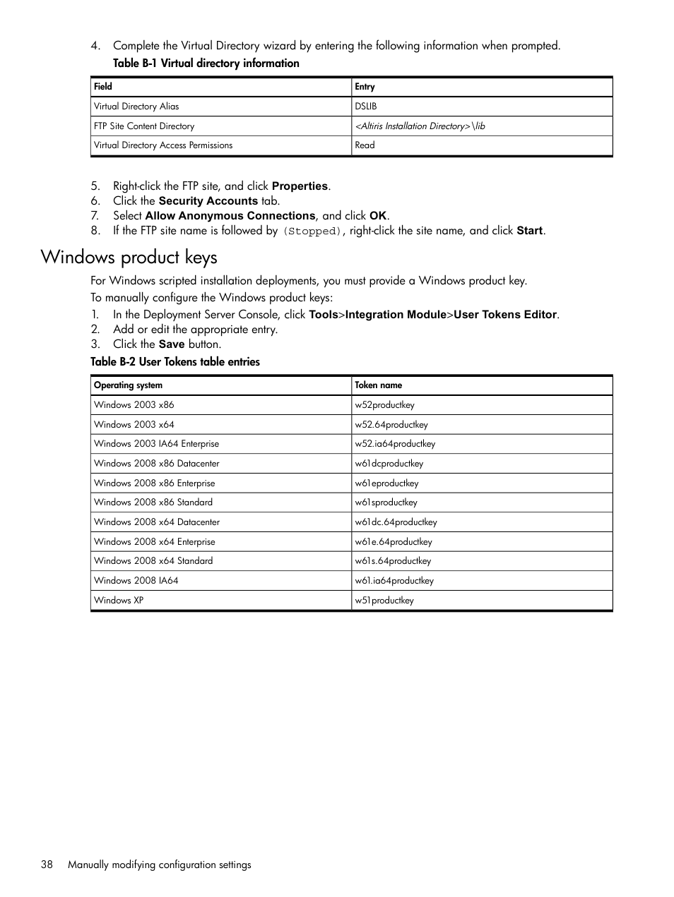 Windows product keys, Virtual directory information, User tokens table entries | HP Integrity rx3600 Server User Manual | Page 38 / 39