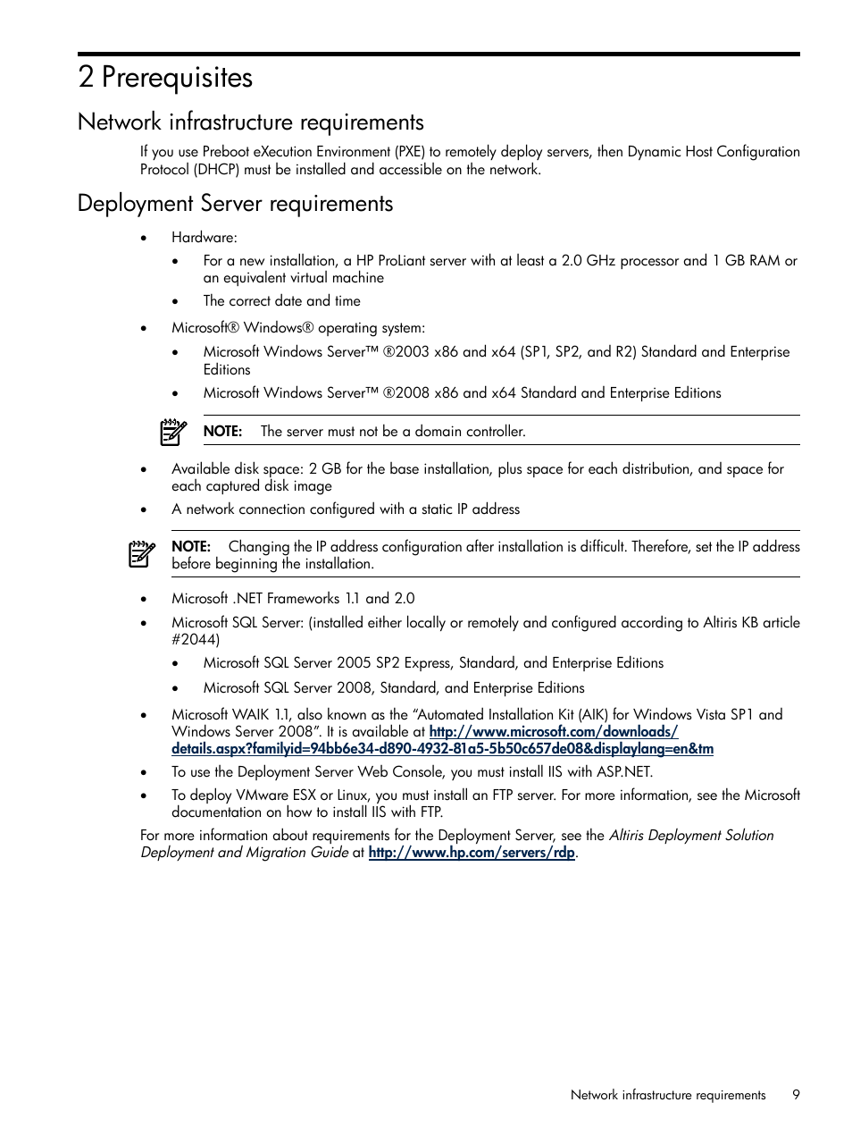 2 prerequisites, Network infrastructure requirements, Deployment server requirements | HP Integrity rx3600 Server User Manual | Page 9 / 39