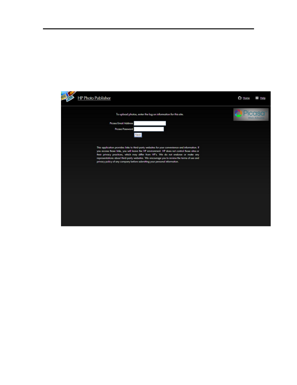 Picasa logon, Snapfish logon | HP EX490 MediaSmart Server User Manual | Page 176 / 331