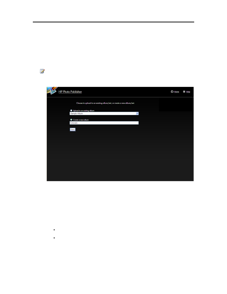 Select existing album or create an album, Select photos, Select existing album or create an album 193 | Select photos 193 | HP EX490 MediaSmart Server User Manual | Page 199 / 331