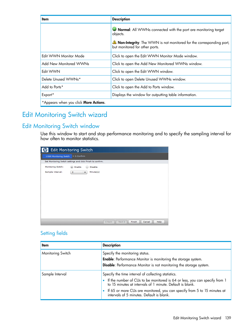 Edit monitoring switch wizard, Edit monitoring switch window, Setting fields | HP XP P9000 for Compatible High Perf FICON Connectivity Software User Manual | Page 139 / 205