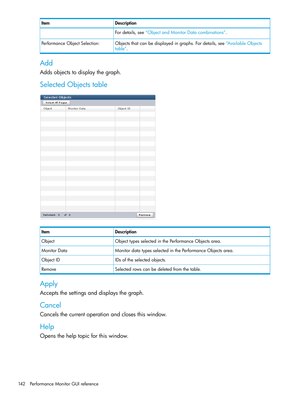 Selected objects table, Apply, Cancel | Help | HP XP P9000 for Compatible High Perf FICON Connectivity Software User Manual | Page 142 / 205