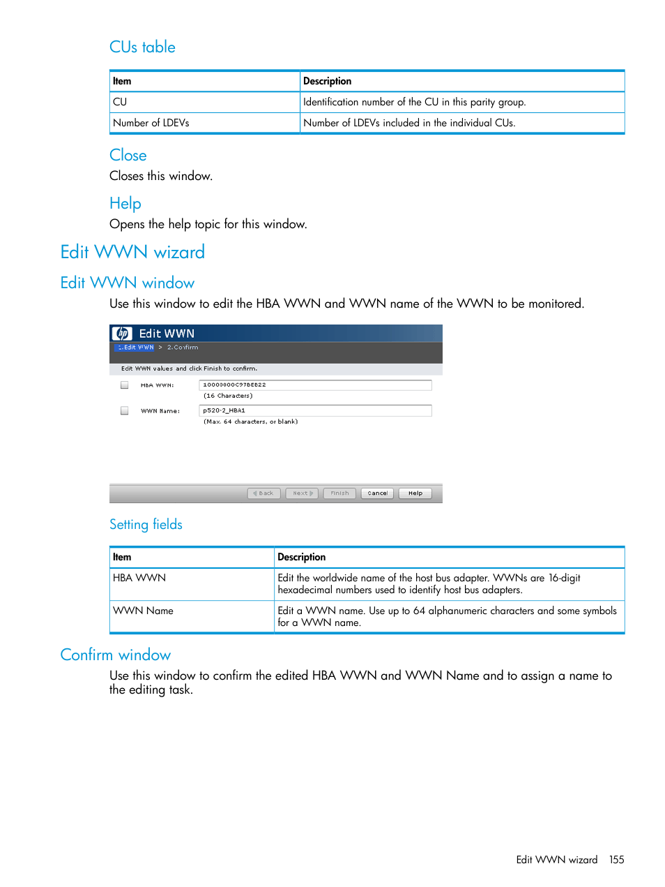 Edit wwn wizard, Edit wwn window, Confirm window | Edit wwn window confirm window, Cus table, Close, Help | HP XP P9000 for Compatible High Perf FICON Connectivity Software User Manual | Page 155 / 205