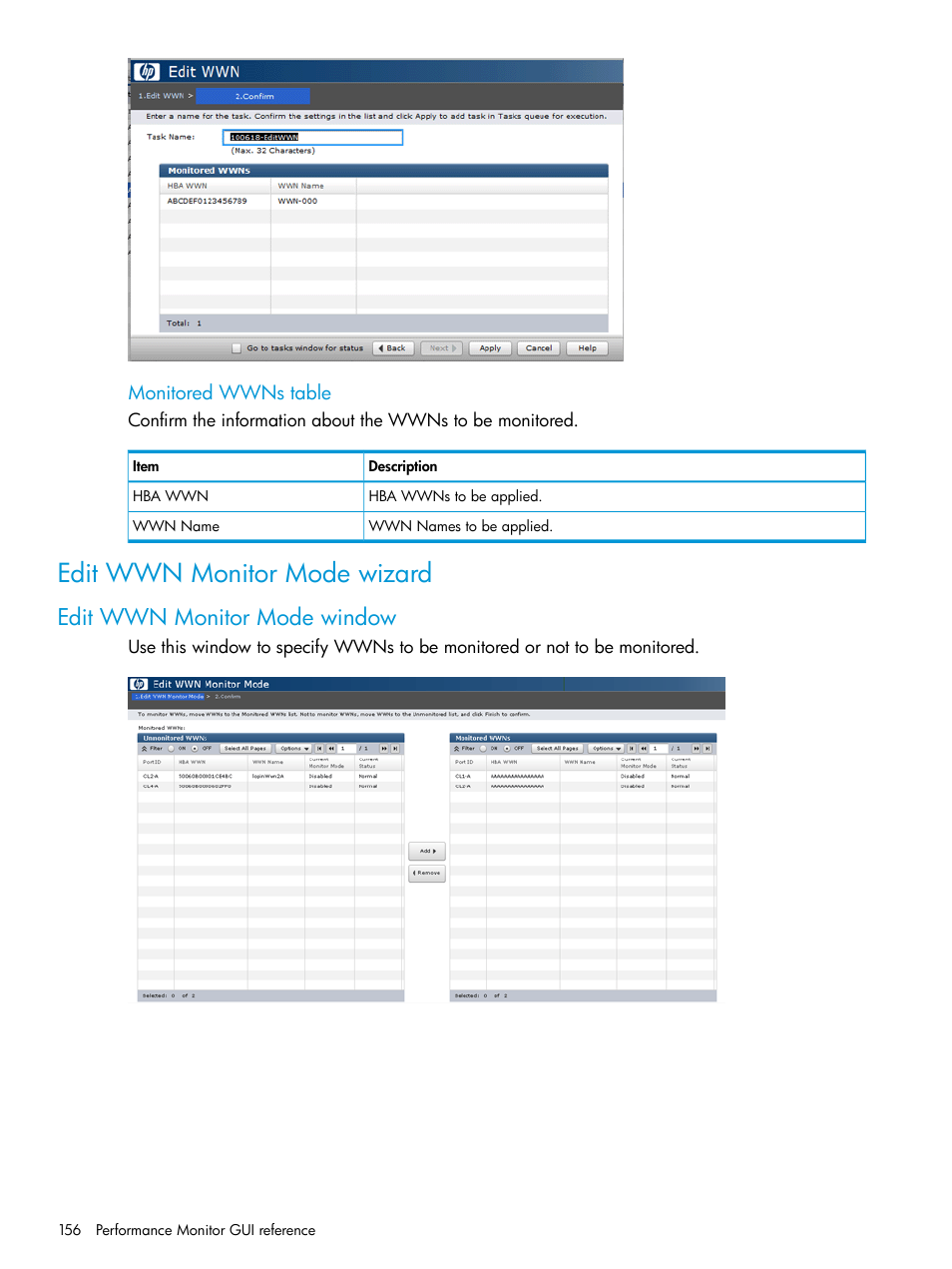 Edit wwn monitor mode wizard, Edit wwn monitor mode window | HP XP P9000 for Compatible High Perf FICON Connectivity Software User Manual | Page 156 / 205
