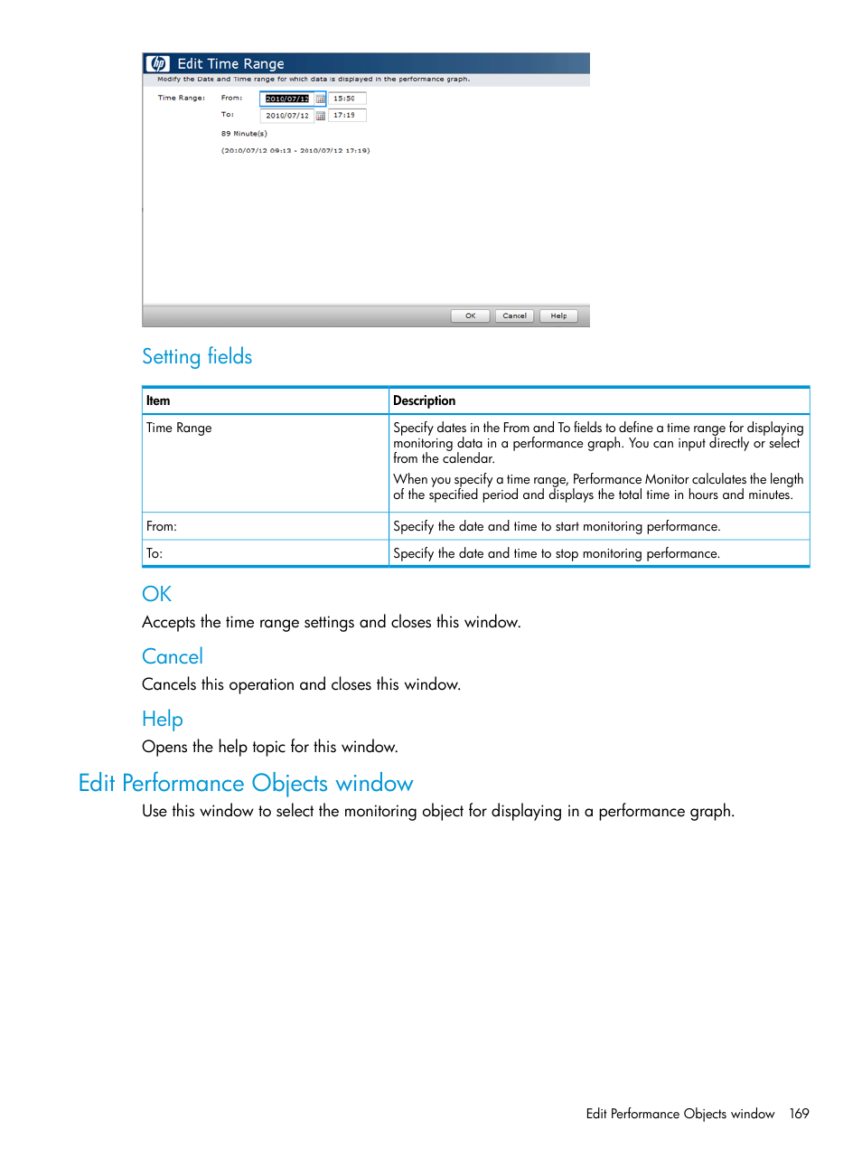 Edit performance objects window, Setting fields, Cancel | Help | HP XP P9000 for Compatible High Perf FICON Connectivity Software User Manual | Page 169 / 205