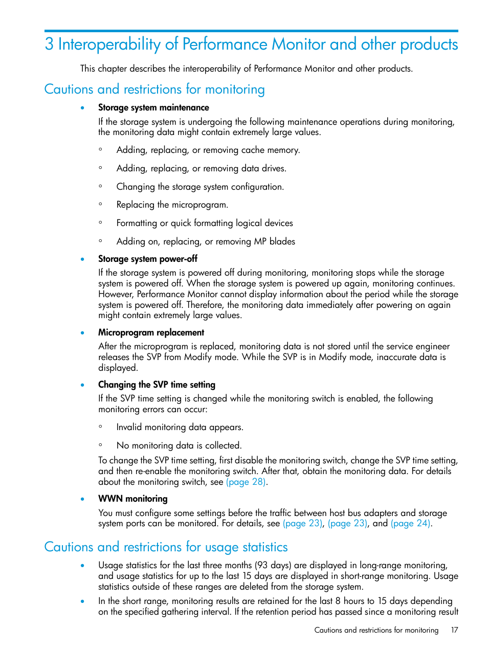 Cautions and restrictions for monitoring, Cautions and restrictions for usage statistics | HP XP P9000 for Compatible High Perf FICON Connectivity Software User Manual | Page 17 / 205
