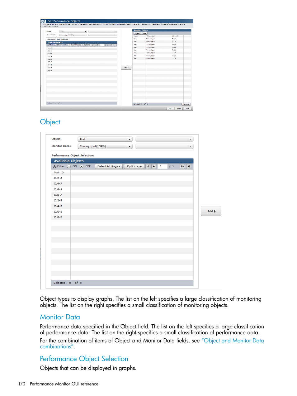 Object, Monitor data, Performance object selection | HP XP P9000 for Compatible High Perf FICON Connectivity Software User Manual | Page 170 / 205