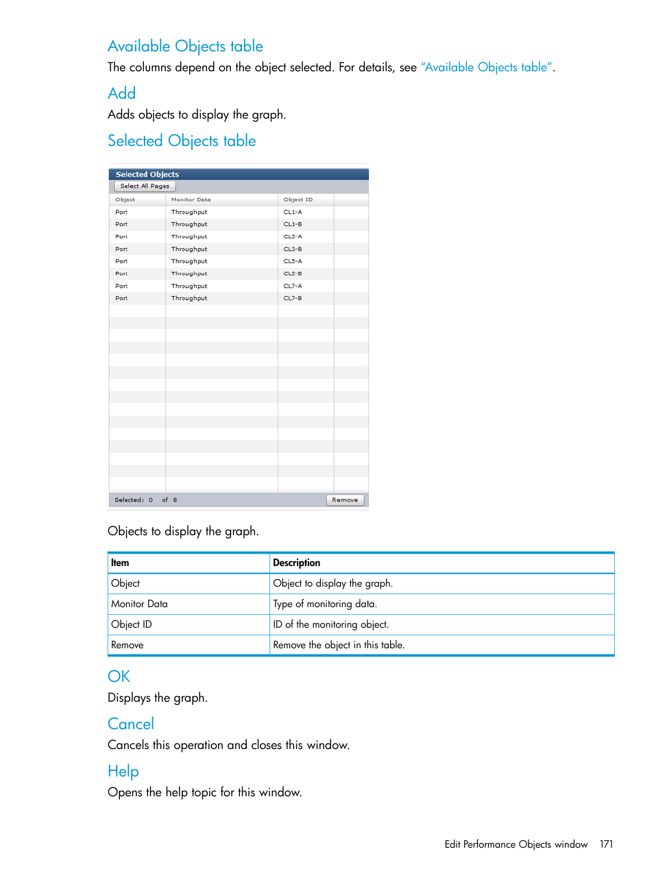 Available objects table, Selected objects table, Cancel | Help | HP XP P9000 for Compatible High Perf FICON Connectivity Software User Manual | Page 171 / 205