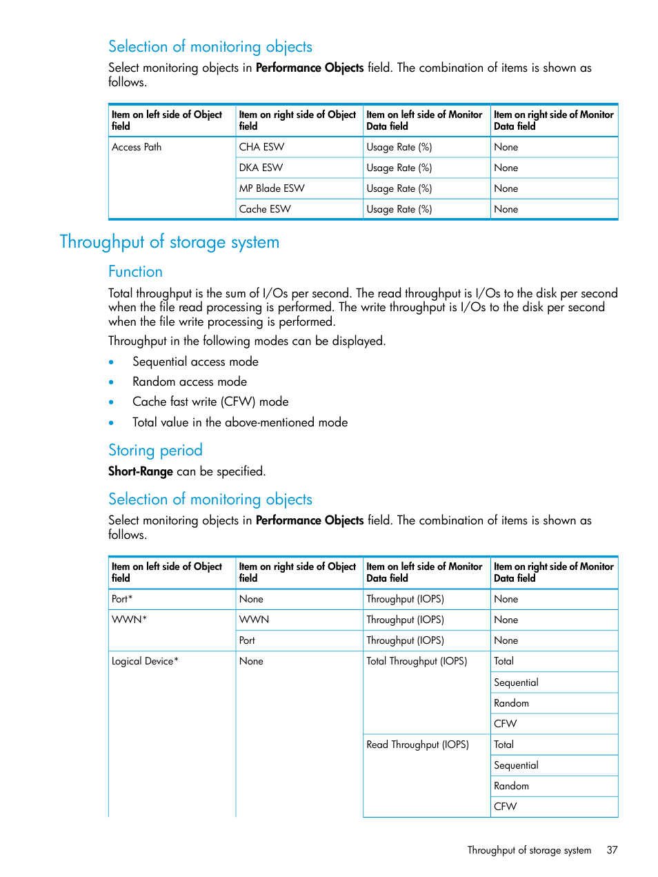 Throughput of storage system, Selection of monitoring objects, Function | Storing period | HP XP P9000 for Compatible High Perf FICON Connectivity Software User Manual | Page 37 / 205