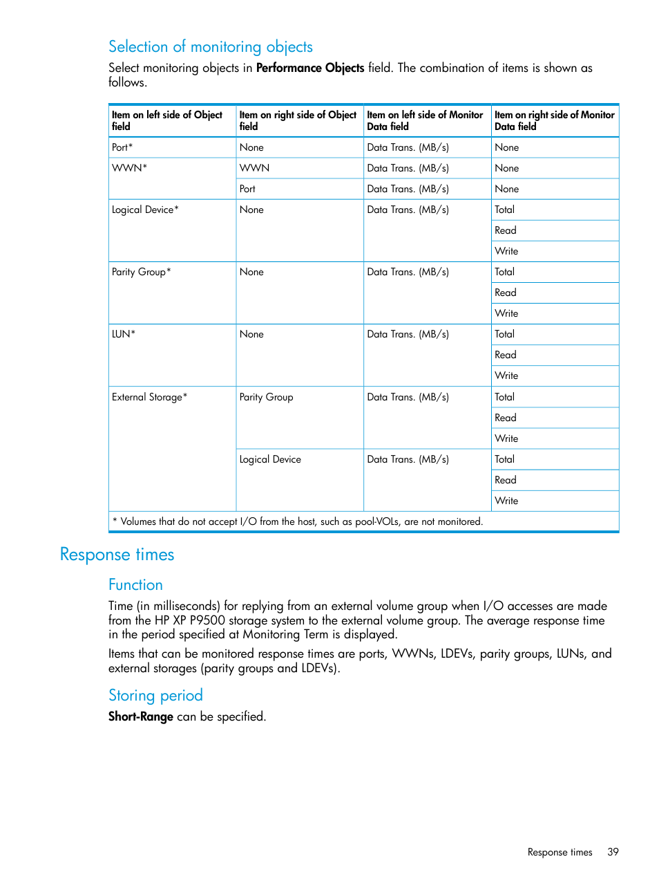 Response times, Selection of monitoring objects, Function | Storing period | HP XP P9000 for Compatible High Perf FICON Connectivity Software User Manual | Page 39 / 205